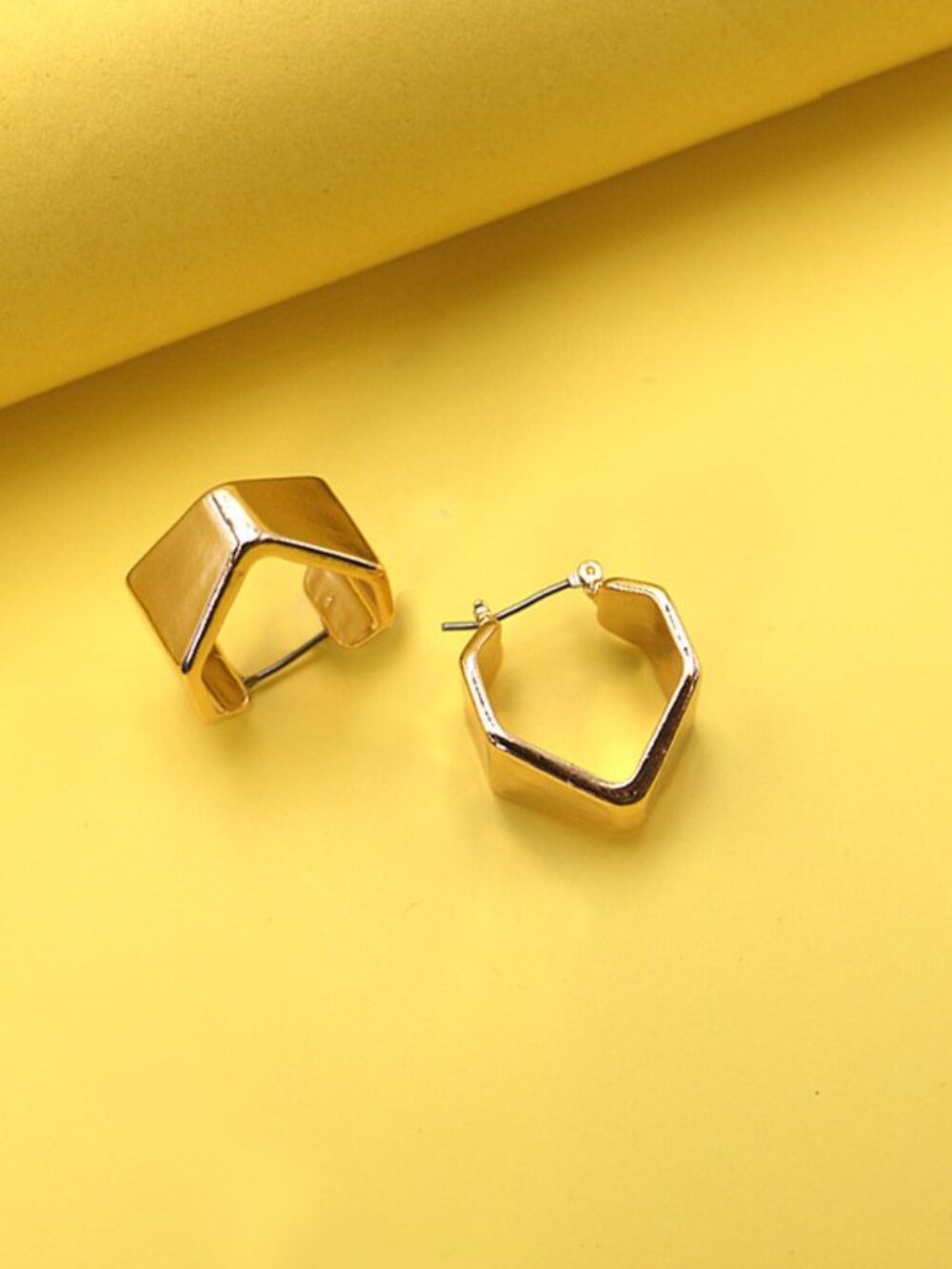 Gold Geometric Hoop Earrings 4 Sided Square Pierced Hoops Women